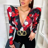 2021 Spring Elegant Boho Print Bodysuits Rompers Women Jumpsuits Puff Sleeve Skinny Sexy V-neck Bodies Ladies Casual Overalls